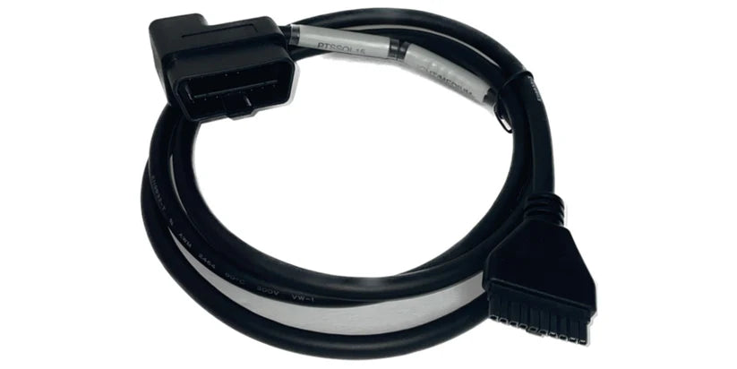 Cable for HOS PT30 Pacific Track ELD App, featuring a square Volvo panel connector—a heavy-duty, black, square Volvo OBDII cable.